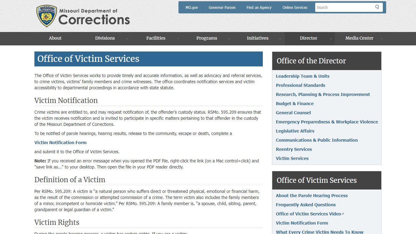 Office of Victim Services | Missouri Department of Corrections